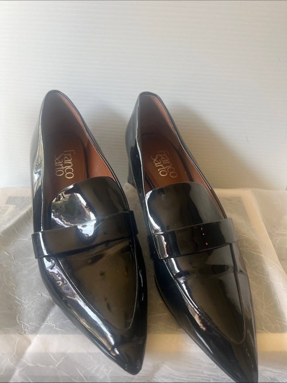 Franco Sarto Black Patent Pointed Penny Loafers